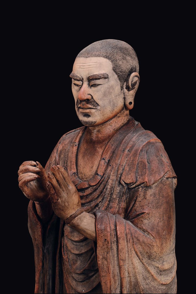 Grande Figura di Ananda Eretto in Terracotta Dipinta con Iscrizione sul Retro, Giappone, XIX Seco...