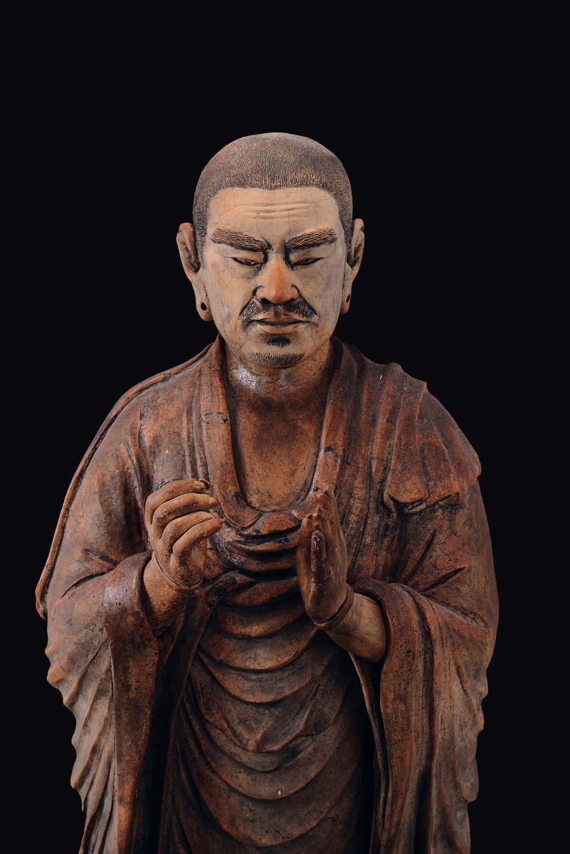 Grande Figura di Ananda Eretto in Terracotta Dipinta con Iscrizione sul Retro, Giappone, XIX Seco...