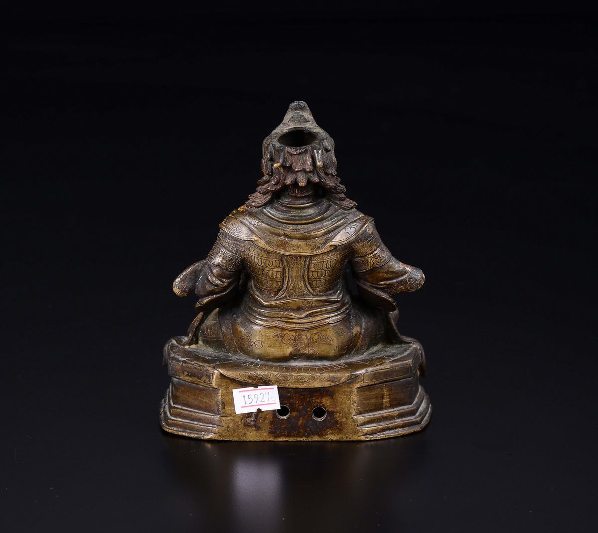 Figura di Guardiano Seduto in Bronzo con Tracce di Doratura, Tibet, Fine XVII Secolo
