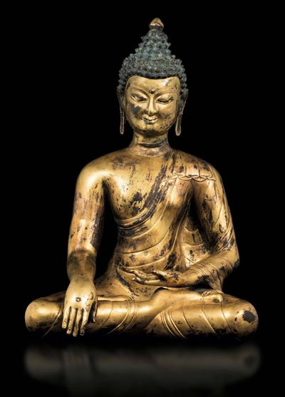 Figura di Buddha in Bronzo Dorato, Cina, Dinastia Qing, XIX Secolo