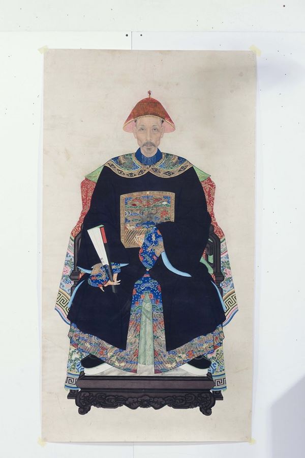 Coppia di dipinti su carta  raffiguranti Imperatori su trono, Cina, Dinastia Qing, XIX secolo