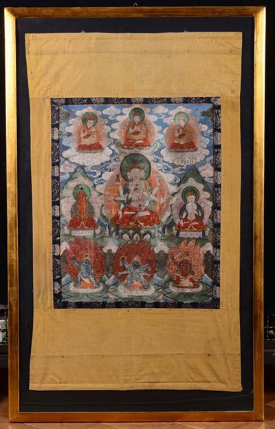 Tanka Incorniciato a Nove Divinità con Figura Centrale di Ushnishavijaya, Tibet, XVIII Secolo