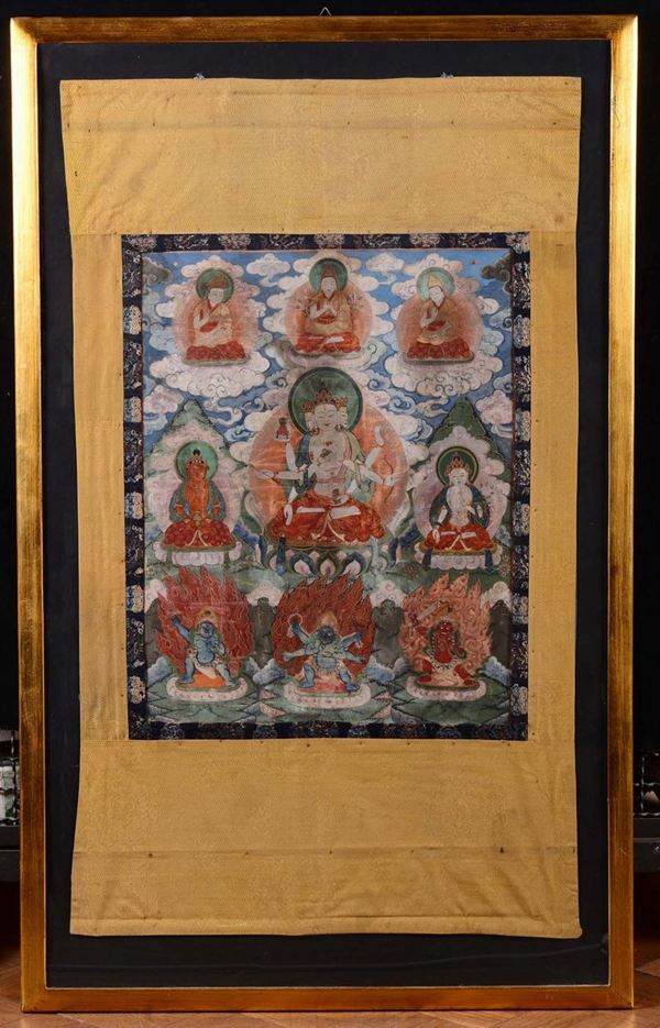 Thangka su seta con lumeggiature in oro a nove divinitÃ  con figura centrale di Ushnishavijaya, Tibet, XVIII secolo