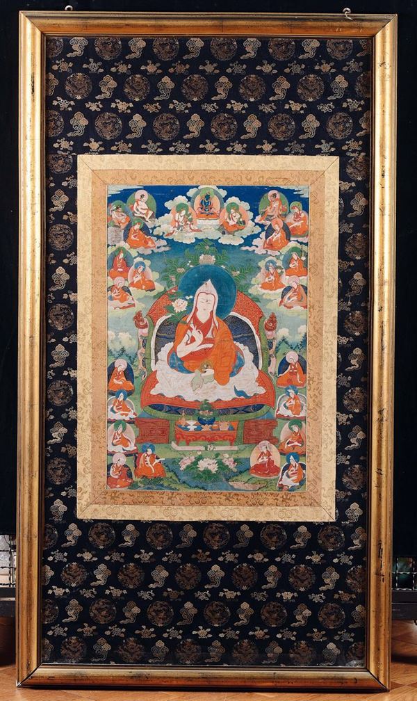 A framed silk tanka with a figure of Lama, Tibet, 18th century
