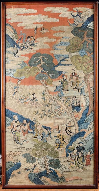 Importante Tessuto Kesi di Manifattura Imperiale con Raffigurazione Fantastica di Guanyin e Saggi...