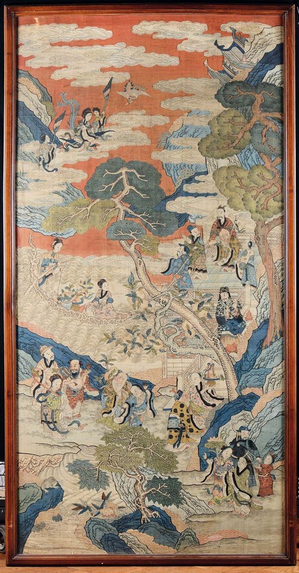 Importante tessuto Kesi di manifattura Imperiale con raffigurazione fantastica di Guanyin e saggi tra  [..]