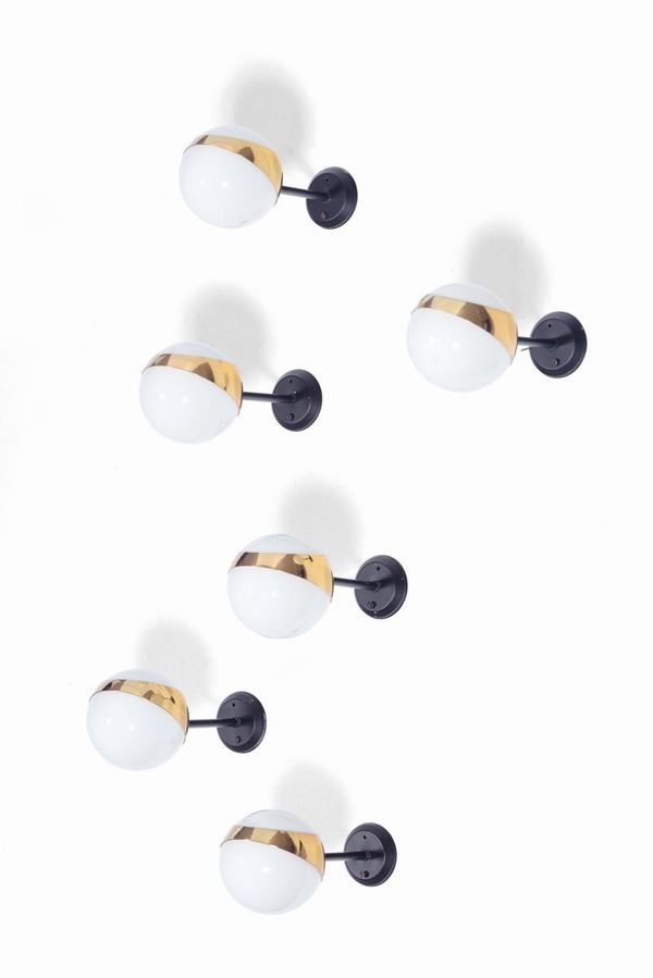 Six lacquered metal and brass wall lamps with opal glass lampshades