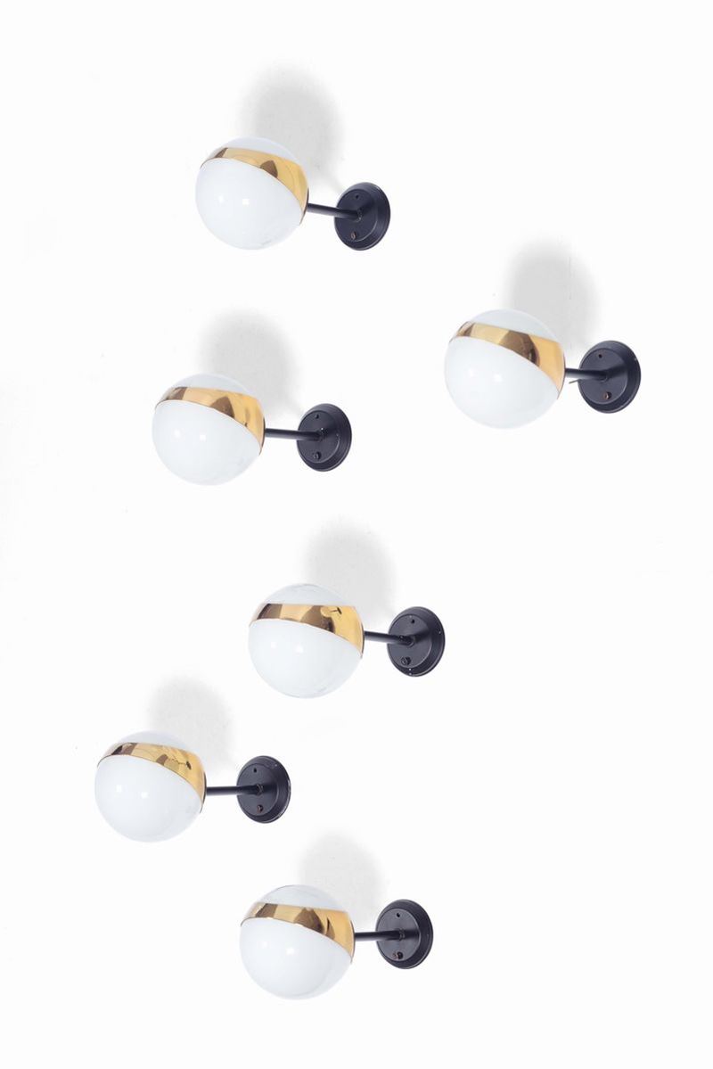 Six lacquered metal and brass wall lamps with opal glass lampshades  - Auction Design - III - Cambi Casa d'Aste