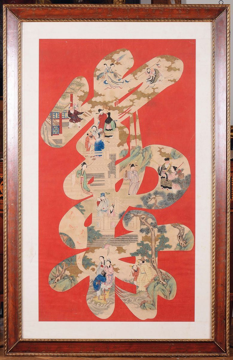 A painting on paper depicting imaginary and court life scenes within cursive character, China, Qing Dynasty, 19th century  - Auction Fine Chinese Works of Art - Cambi Casa d'Aste