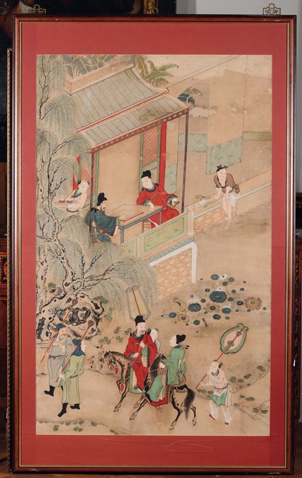 Coppia di dipinti su carta raffiguranti scene di vita corte e scolari con attendenti, Cina, Dinastia Qing, XVIII secolo