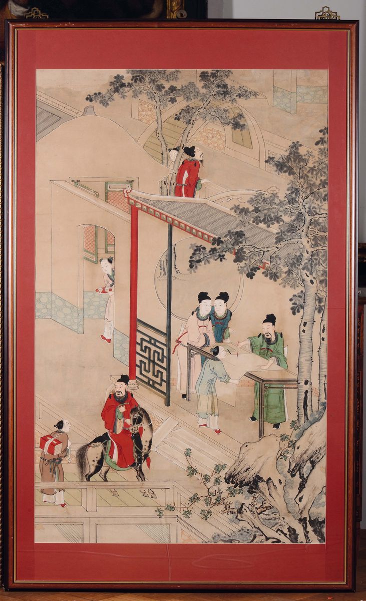 Coppia di Dipinti su Carta Raffiguranti Scene di Vita Corte e Scolari con Attendenti, Cina, Dinas...
