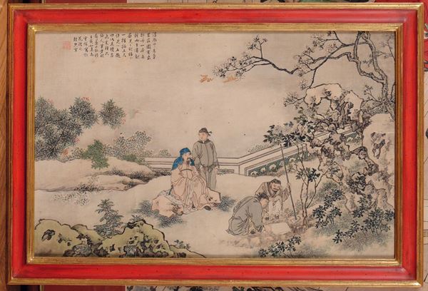 Dipinto su carta raffigurante saggi ed iscrizione, Cina, Dinastia Qing, XIX secolo