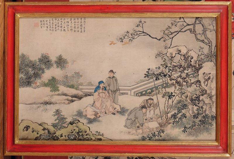 Dipinto su carta raffigurante saggi ed iscrizione, Cina, Dinastia Qing, XIX secolo  - Asta Fine Chinese Works of Art - Cambi Casa d'Aste