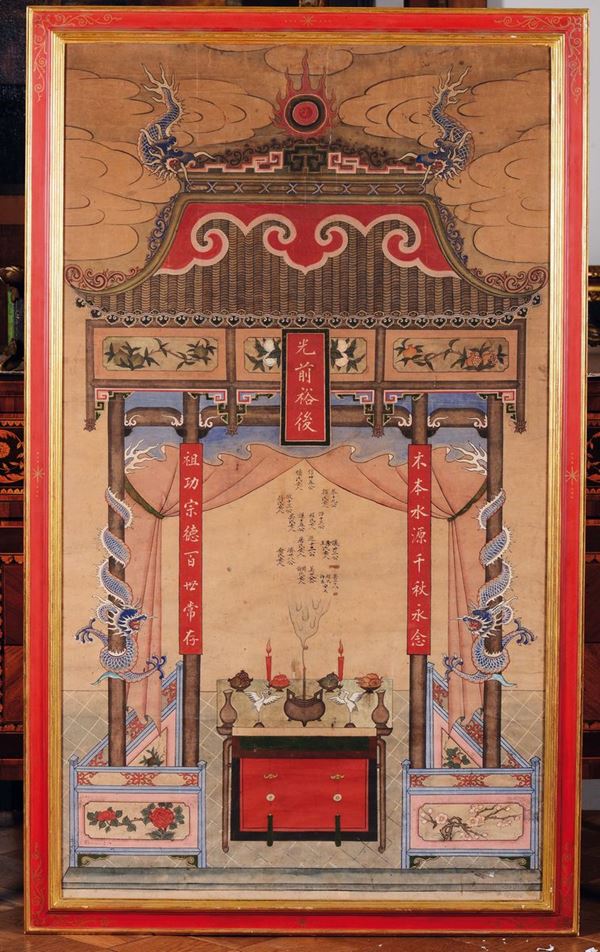 Dipinto su carta raffigurante tempio con iscrizioni, Cina, Dinastia Qing, XIX secolo