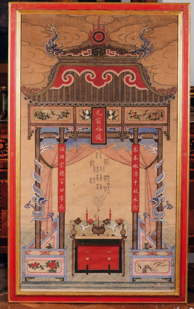 Dipinto su carta raffigurante tempio con iscrizioni, Cina, Dinastia Qing, XIX secolo  - Asta Fine Chinese Works of Art - Cambi Casa d'Aste