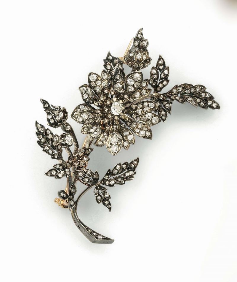 Floral en tramblant rose-cut diamond brooch set in yellow gold and silver. Numerated 3325  - Auction Fine Jewels - Cambi Casa d'Aste