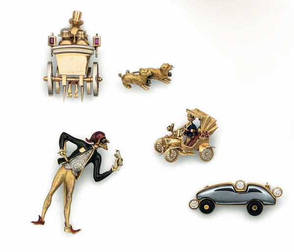 Lot consisting of five polychrome enamel and synthetic gems brooches set in yellow gold