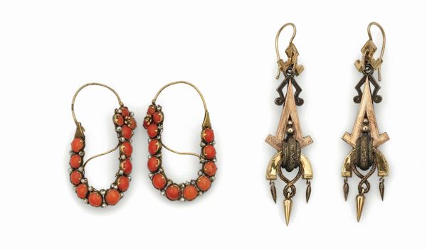 Lot consisting of a pair of rare coral earrings and a pair of pendat earrings in three colours of gold. Europe, 19th Century