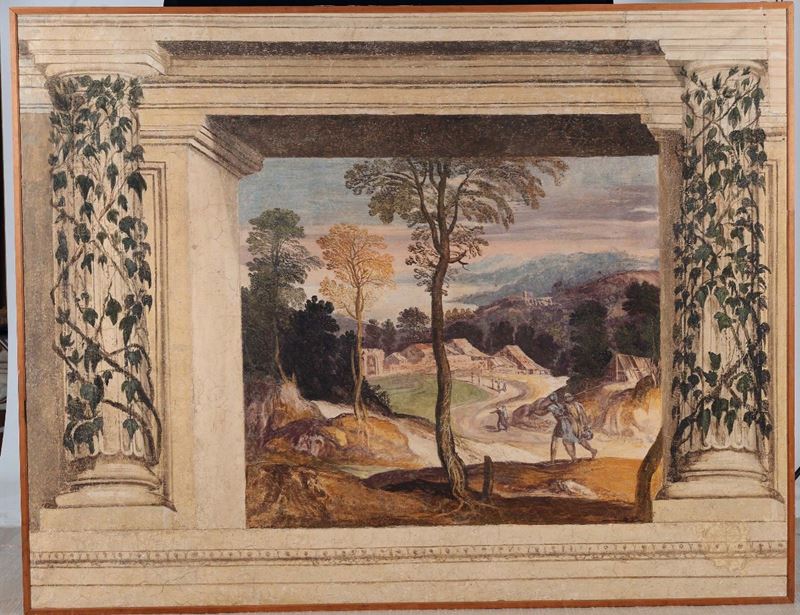 Girolamo Muziano : Girolamo Muziano (Acquafredda, 1532 - Roma, 1592) Paesaggio nei pressi del Castello di Rocca Sinibalda  - Asta Dipinti Antichi - Cambi Casa d'Aste