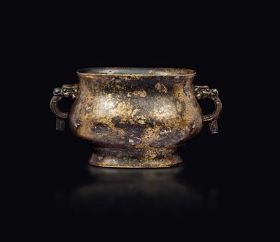 Incensiere in Bronzo con Tracce di Doratura con Manici, Cina, Dinastia Ming, XVII Secolo
