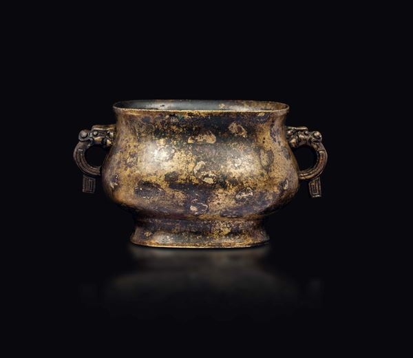 A semi-gilt bronze two handles censer, China, Ming Dynasty, 17th century