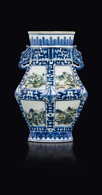 Vaso in Porcellana a Smalti Policromi con Decoro Entro Riserve di Paesaggio Montano e Fluviale, C...