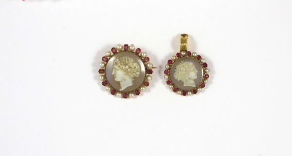 Lot comprising of a cameo brooch and a cameo pendant with ruby and pearls