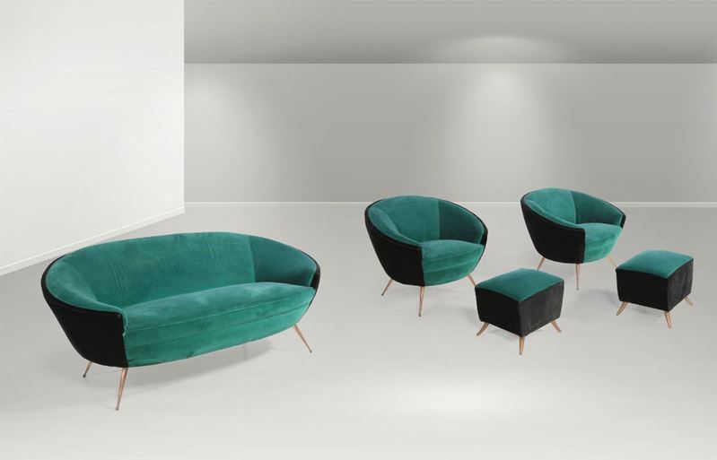 Set di divano, due poltrone e coppia di ottomane  - Asta Design - III - Cambi Casa d'Aste