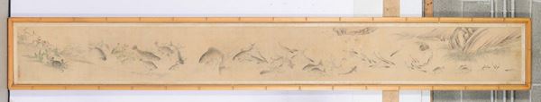 Eccezionale grande disegno su carta con carpe, pesci e granchi, firmato Jiang Tingxi, Cina, Dinastia Qing, XVIII secolo
