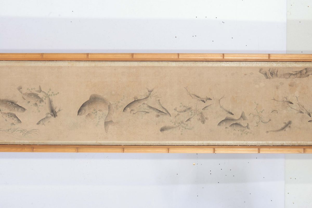 Eccezionale Grande Disegno su Carta con Carpe, Pesci e Granchi, Firmato Jiang Tingxi, Cina, Dinas...