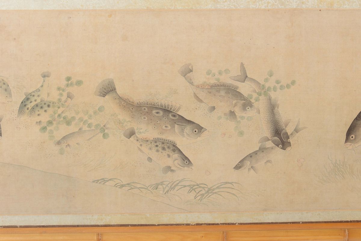 Eccezionale Grande Disegno su Carta con Carpe, Pesci e Granchi, Firmato Jiang Tingxi, Cina, Dinas...
