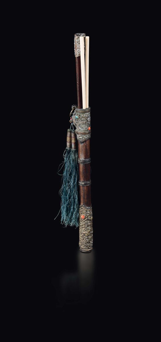 A wooden and silver scabbard with ivory chopsticks , Tibet, 19th century