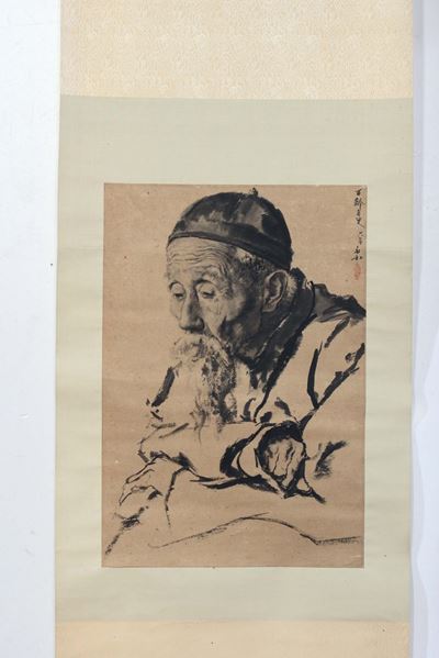 Acquarello su Carta Raffigurante Saggio con Iscrizione, Cina, Dinastia Qing, XIX Secolo
