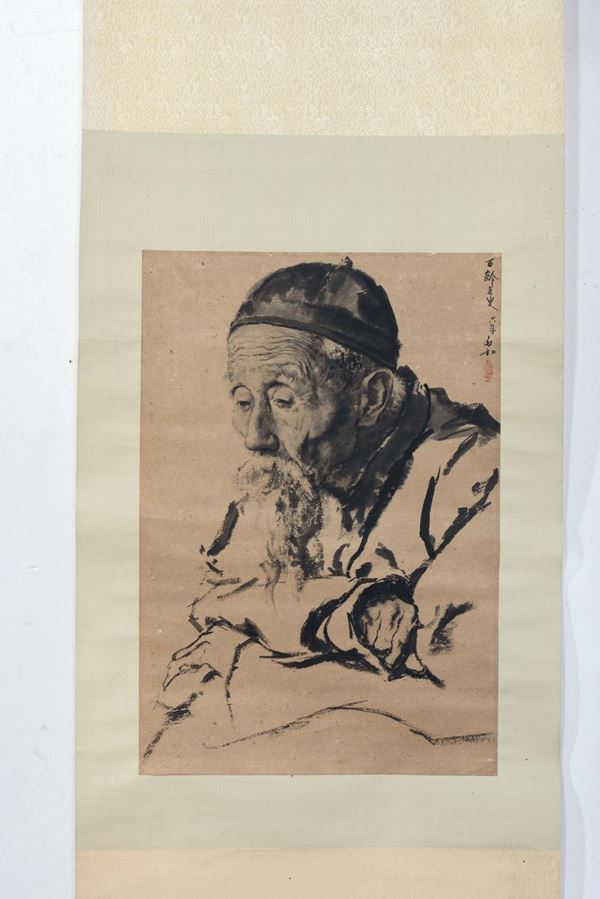Acquarello su carta raffigurante saggio con iscrizione, Cina, Dinastia Qing, XIX secolo