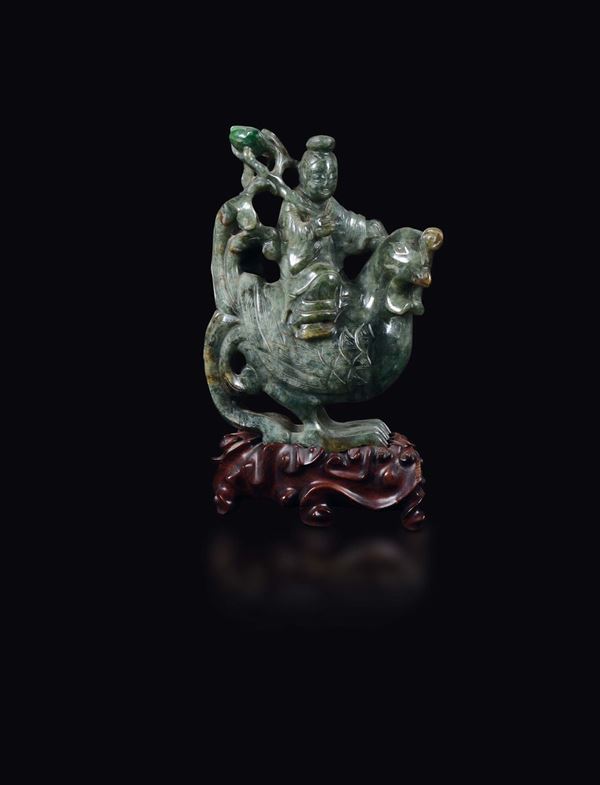 A green jade wise man on a chicken group, China, Qing Dynasty, 19th century