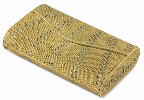 Clutch bag in two colours of gold. Italy, 1960s. Internal mirror