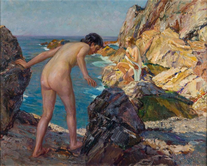 Riccardo Galli (1869-1944) Nervi, nudo sulla scogliera  - Asta Dipinti del XIX e XX secolo - Cambi Casa d'Aste