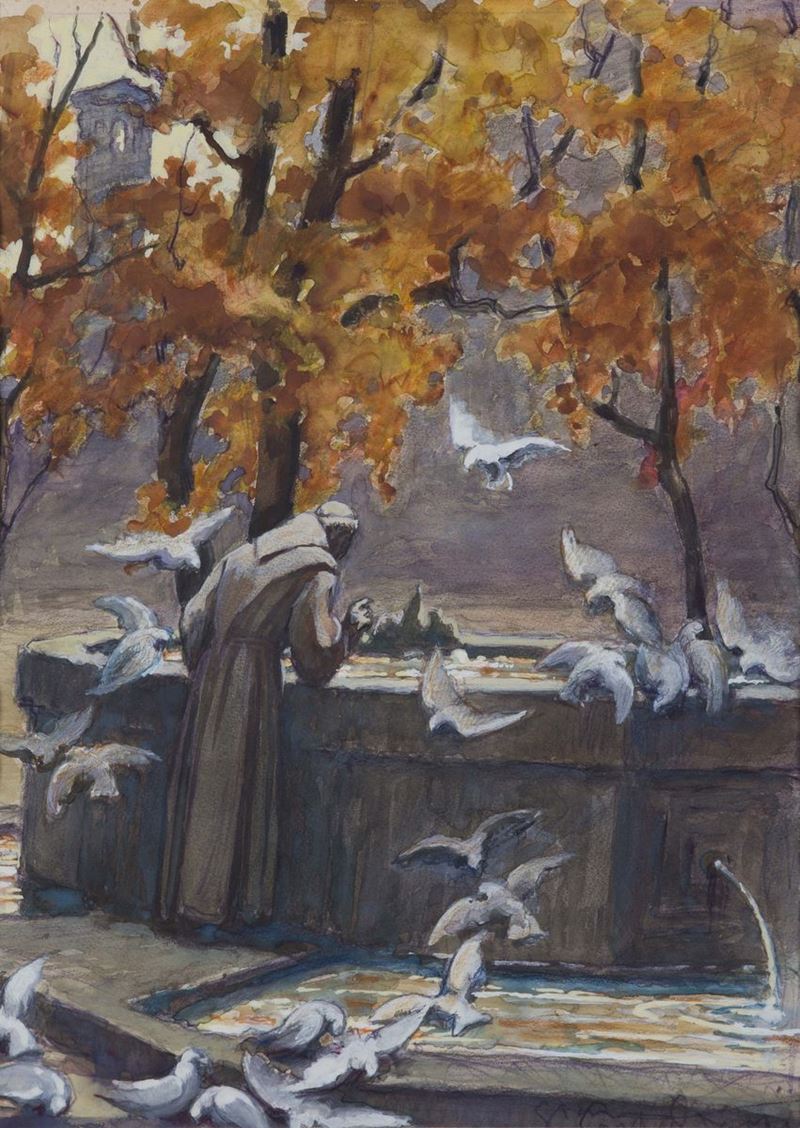 Giannino Castiglioni (1884-1971) Fontana della chiesa di S. Angelo a Milano  - Auction 19th and 20th Century Paintings - Cambi Casa d'Aste