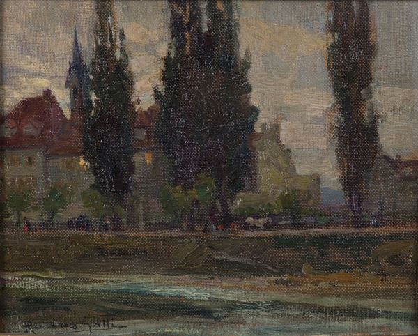 Riccardo Galli (1869-1944) Paesaggio con tre cipressi