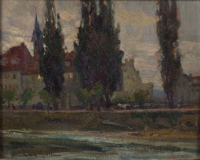 Riccardo Galli (1869-1944) Paesaggio con tre cipressi  - Asta Dipinti del XIX e XX secolo - Cambi Casa d'Aste