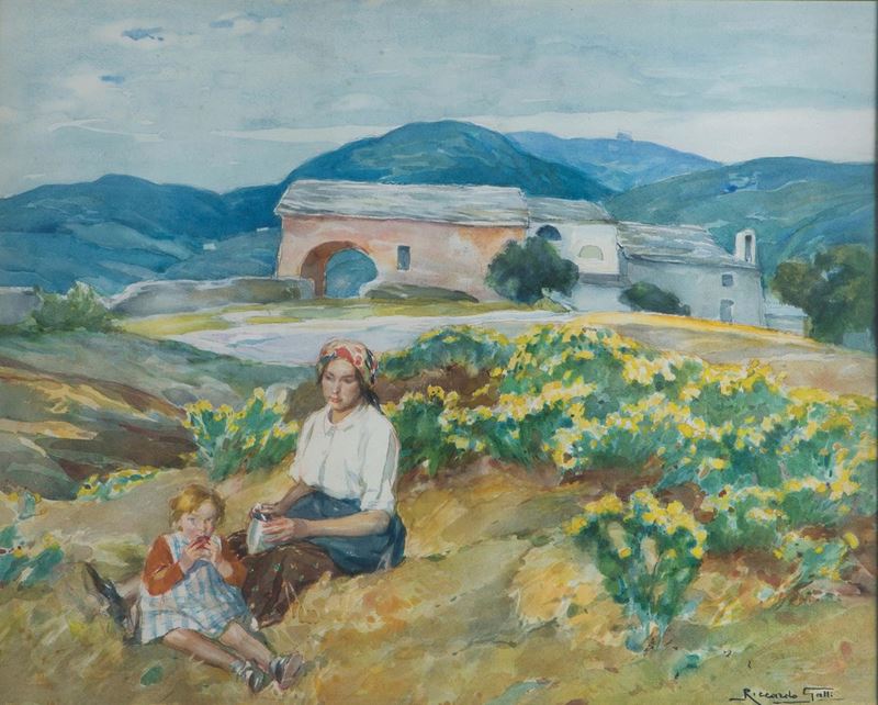 Riccardo Galli (1869-1944) Contadina con bambina  - Asta Dipinti del XIX e XX secolo - Cambi Casa d'Aste
