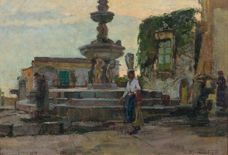 Riccardo Galli (1869-1944) Piazza con fontana  - Asta Dipinti del XIX e XX secolo - Cambi Casa d'Aste