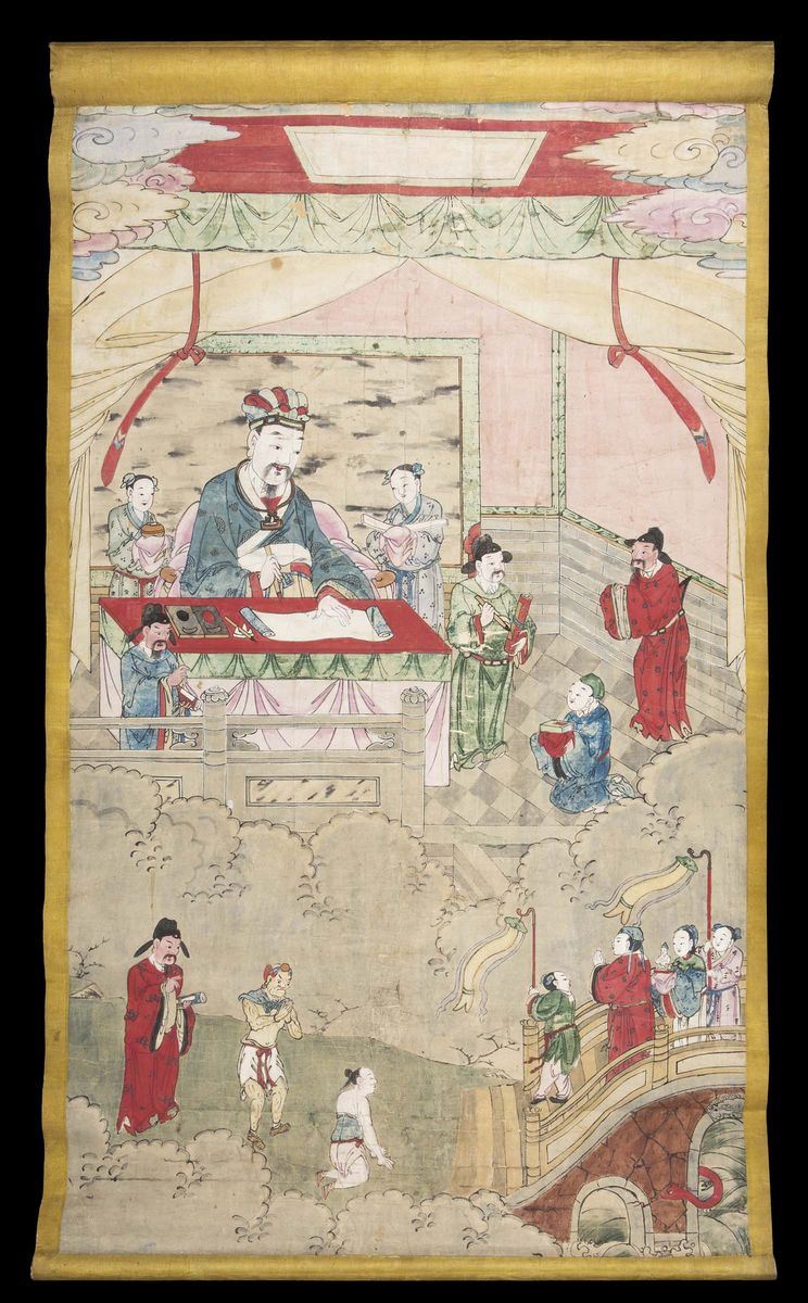 Dipinto su carta raffigurante attendenti con scolari, Cina, Dinastia Qing, XIX secolo  - Asta Arte Orientale - Cambi Casa d'Aste
