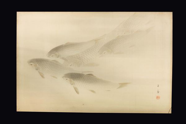 A watercolor on silk with carps and inscription, Japan, 19th century