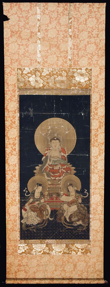 Tanka a fondo blu a tre divinità con iscrizione sul retro, Tibet, XVIII secolo