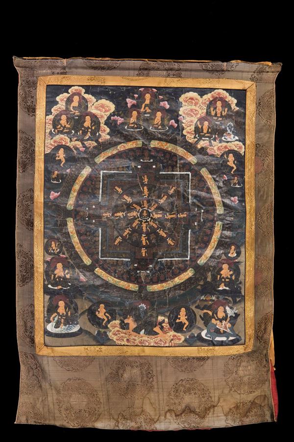 Tanka raffigurante Mandala centrale e diverse divinità, Tibet, XIX secolo