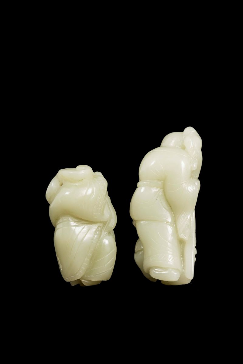 Due Personaggi Scolpiti in Giada Bianca, una Viandante ed un Saggio con Bastone, Cina, XX Secolo