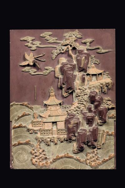 Placca in Pietra Duan con Decoro Paesaggistico con Pagode e Gru a Rilievo, Cina, Dinastia Qing, X...