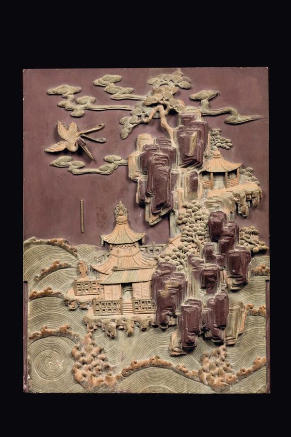 Placca in pietra Duan con decoro paesaggistico con pagode e gru a rilievo, Cina, Dinastia Qing, XIX secolo