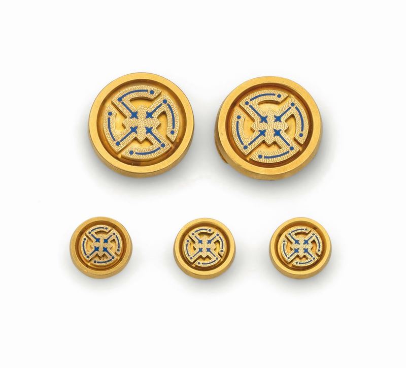 Set di bottoni in oro giallo con smalto blu  - Asta Fine Jewels - Cambi Casa d'Aste